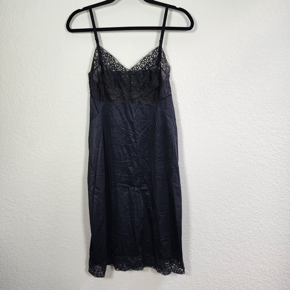 Vintage Vassarette Black Slip Dress Women 36 M Lace Trim Nylon Chemise 90s